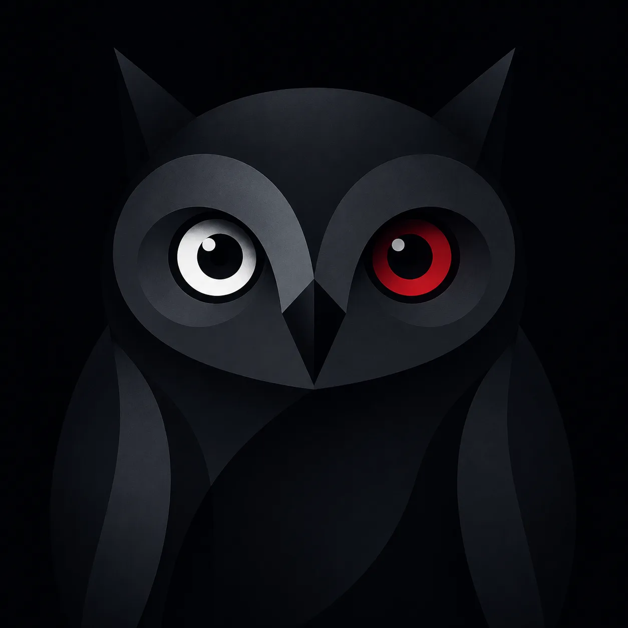 A calm owl watching from the dark, its eyes softly glowing.