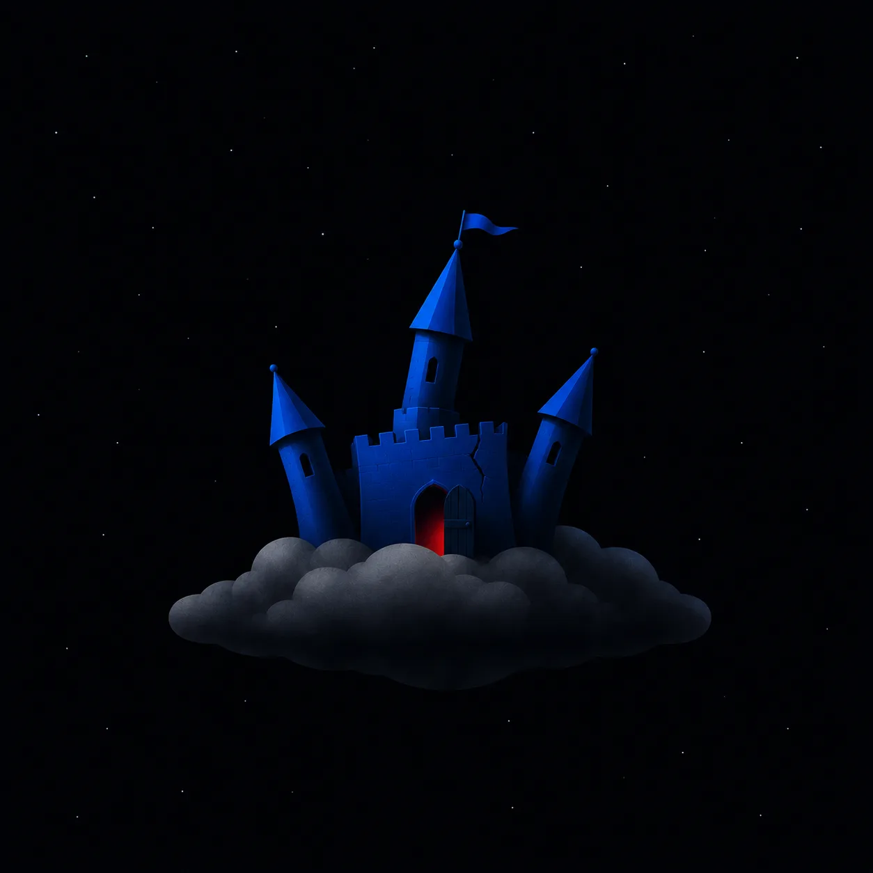 The cloud castle built in a hurry, with crooked walls and an open red door.