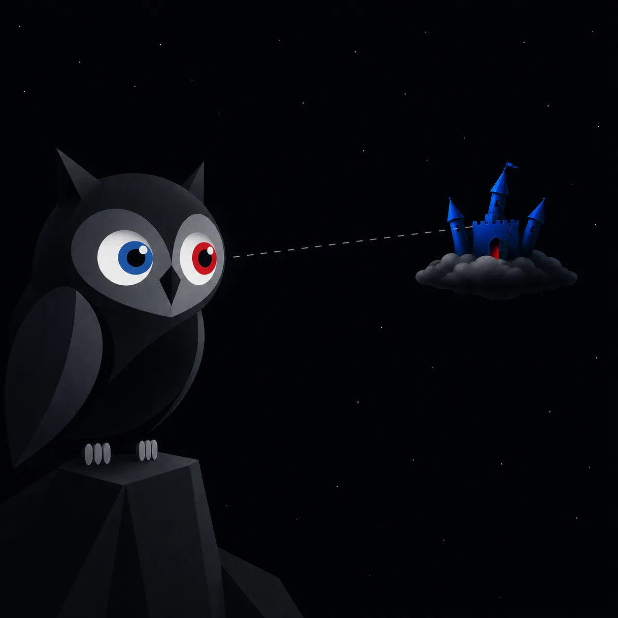 The owl flying close to the castle, watching it with a steady gaze.