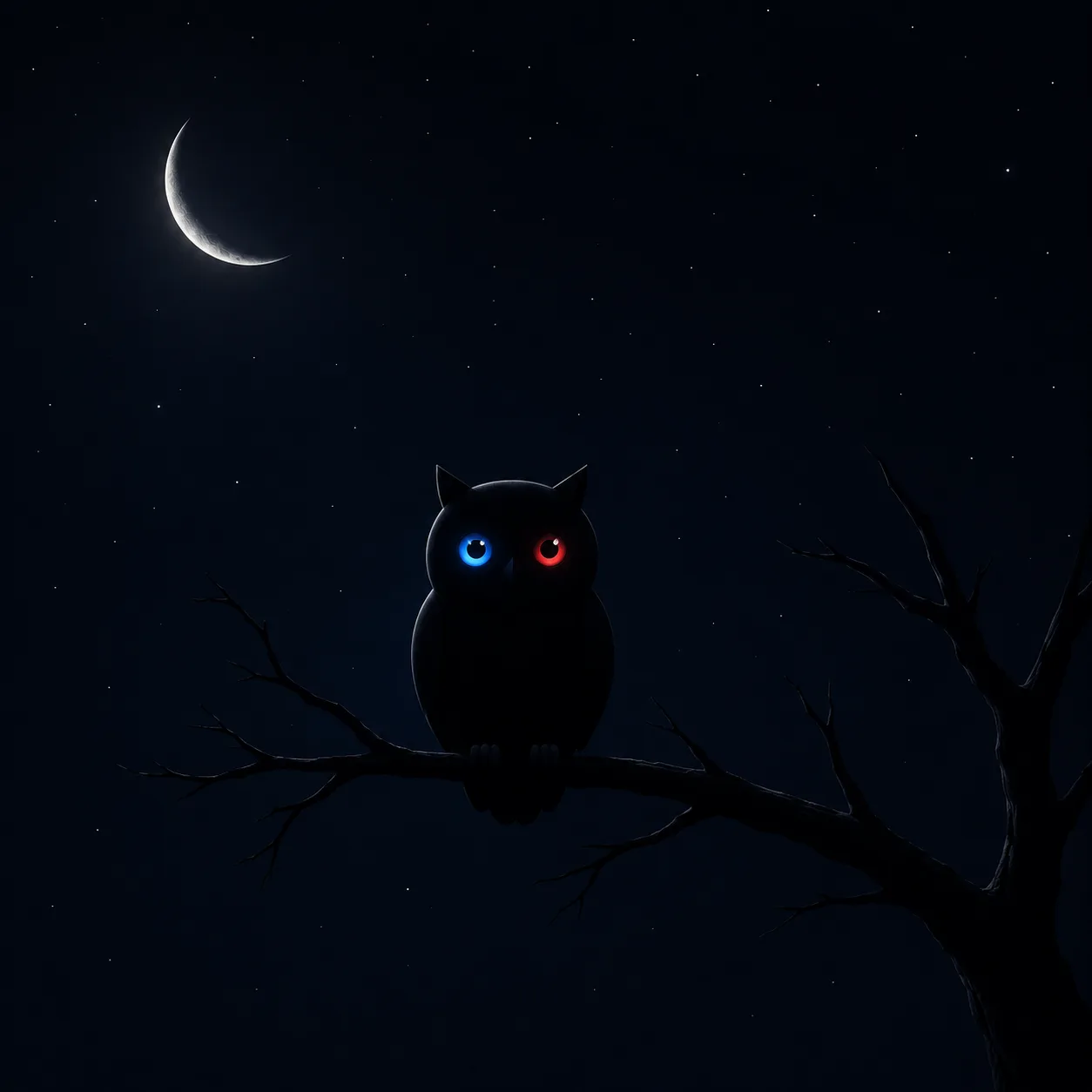 The owl on a branch beneath the moon, keeping watch through the night.