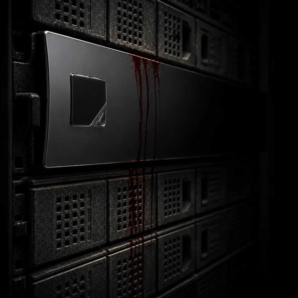 A gloss-black storage array bezel, immaculate and still carrying protective film on its badge, surrounded by dusty units in the same rack.