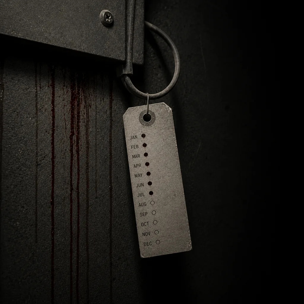 An inspection tag hanging from a wall panel, punched month by month and stopping partway down, the remaining months clean.