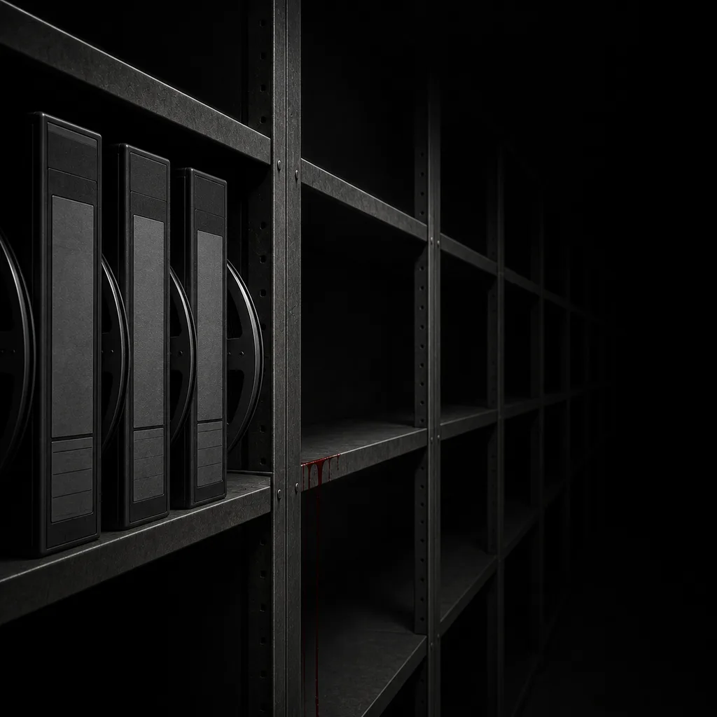 Archive shelving in the dark. The nearest spools are intact; beyond them the shelves are empty and continue into black.