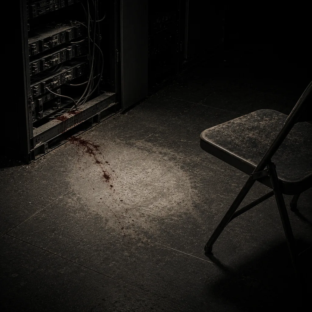 A server room floor before an open rack, dust across everything except one worn clean patch where somebody knelt repeatedly.