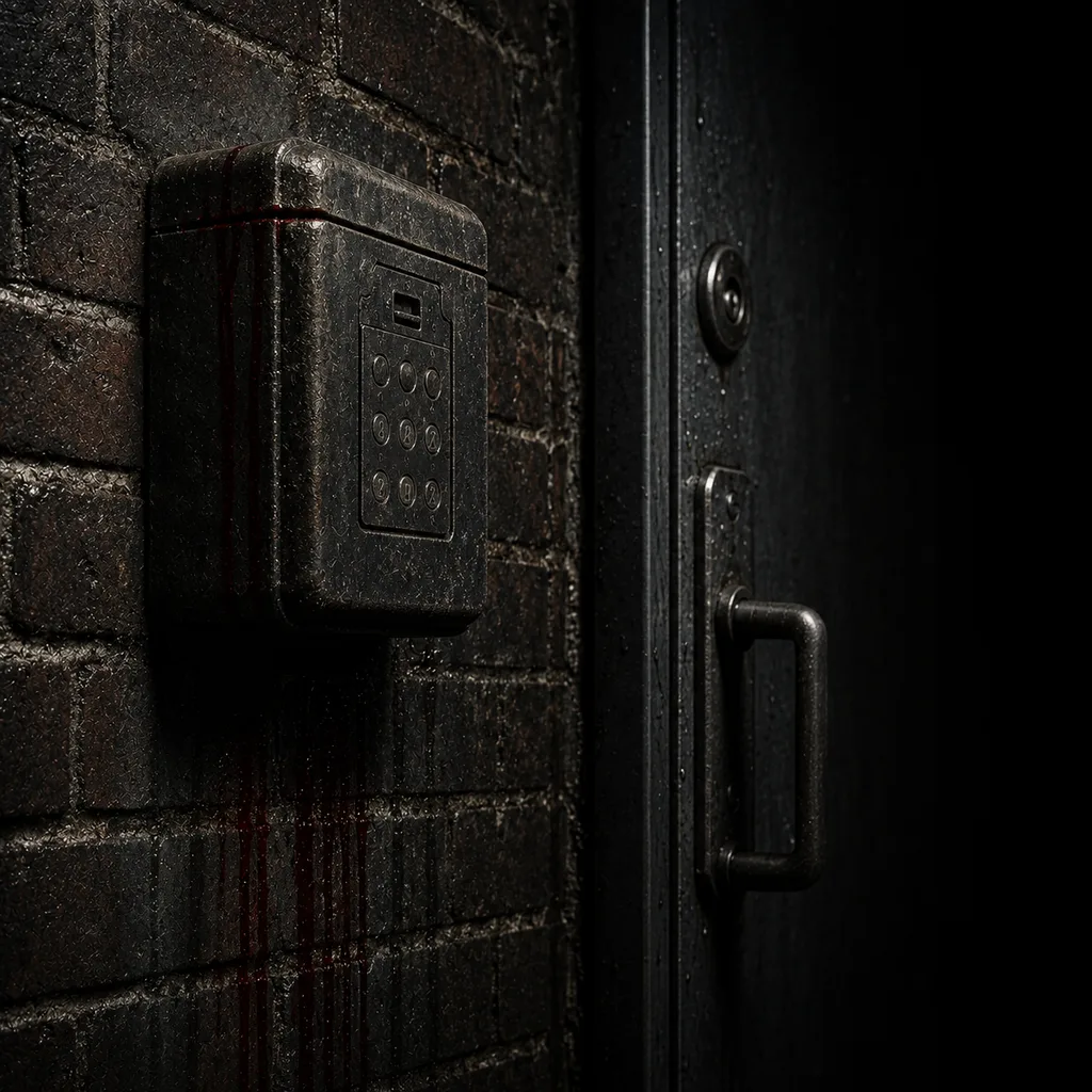 A weathered key safe bolted to an exterior brick wall beside a heavy locked service door, its keypad worn smooth.