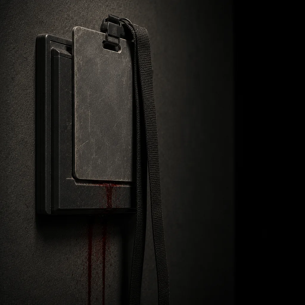 A worn access badge left seated in a wall reader, its lanyard hanging slack against the wall, dust settled along its top edge.