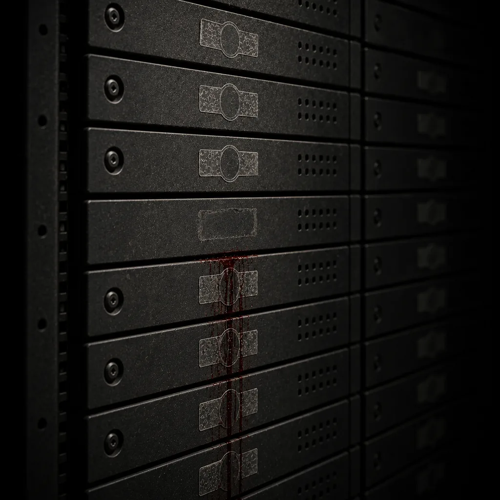 A rack of identical units, each carrying an intact tamper-evident seal. One has only the clean rectangle where a seal was removed.