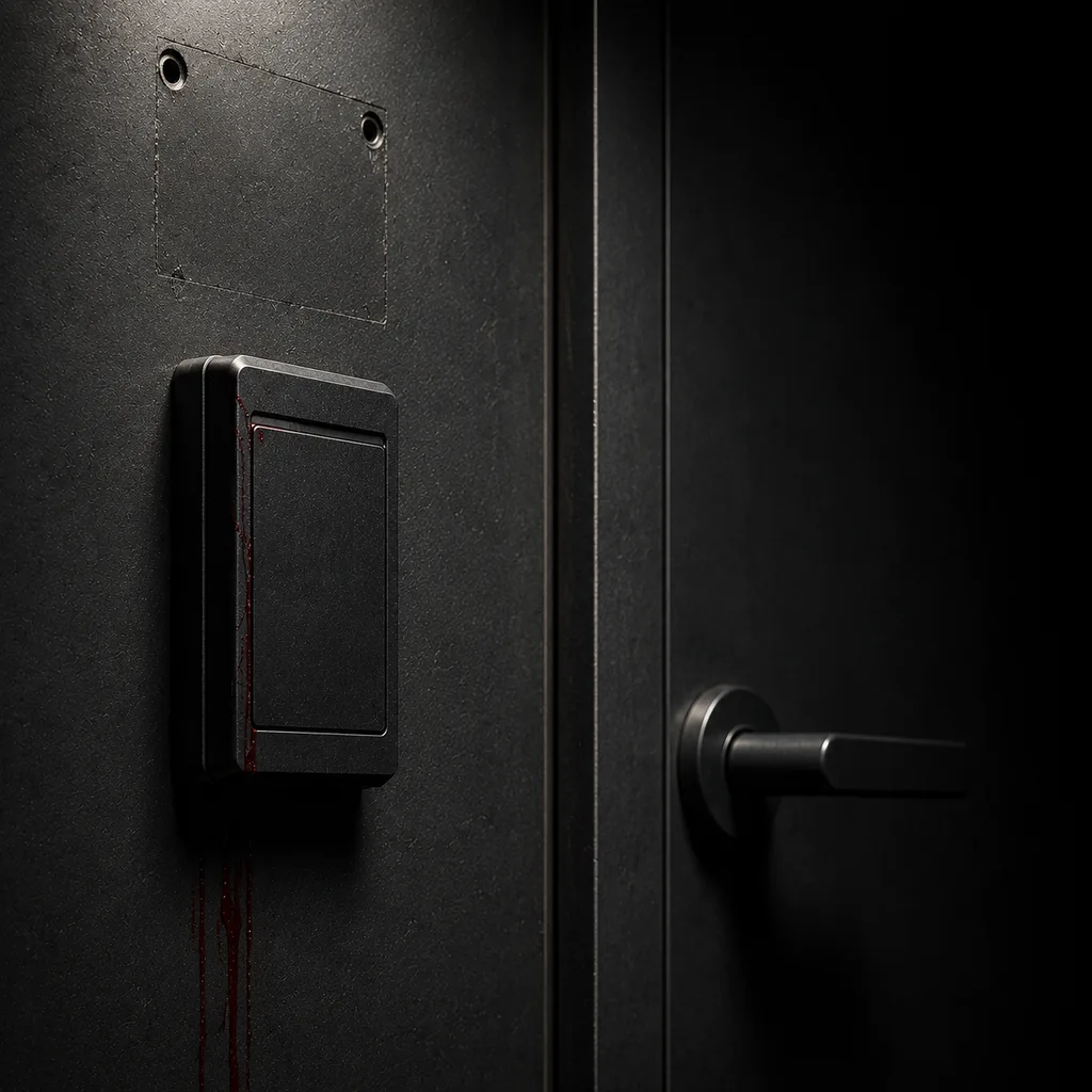 A card reader beside a sealed door in the dark. Above it, two empty screw holes where a nameplate used to be.