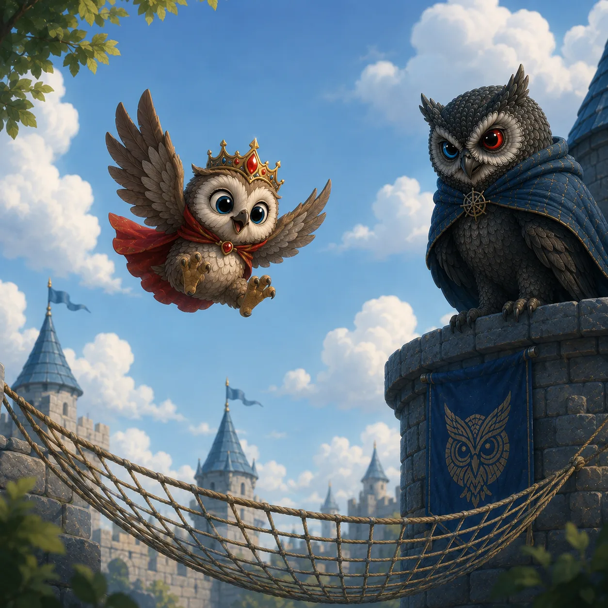 A young crowned owlet mid-tumble through the air, wings half-spread, the guardian owl watching calmly.
