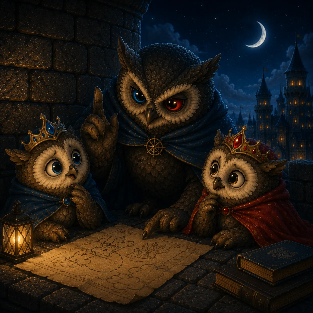 The wise old owl gently explaining a strange idea to the two owlets.
