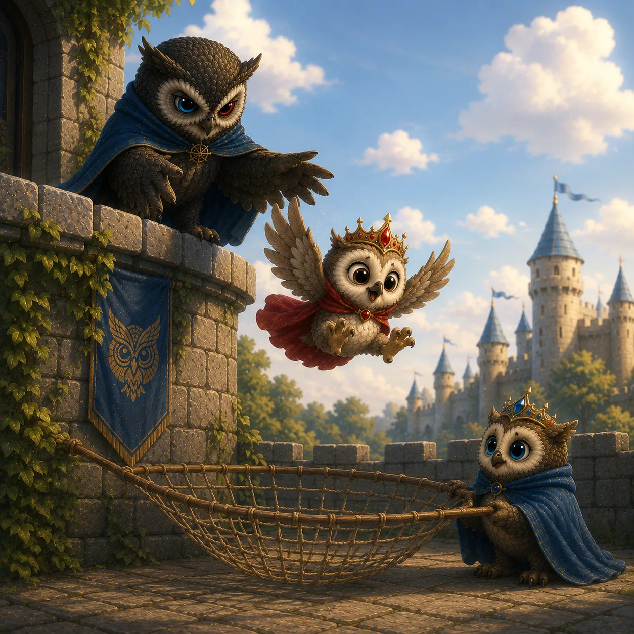 The owl gently letting the little Princess tumble on purpose, the Prince ready with the net.