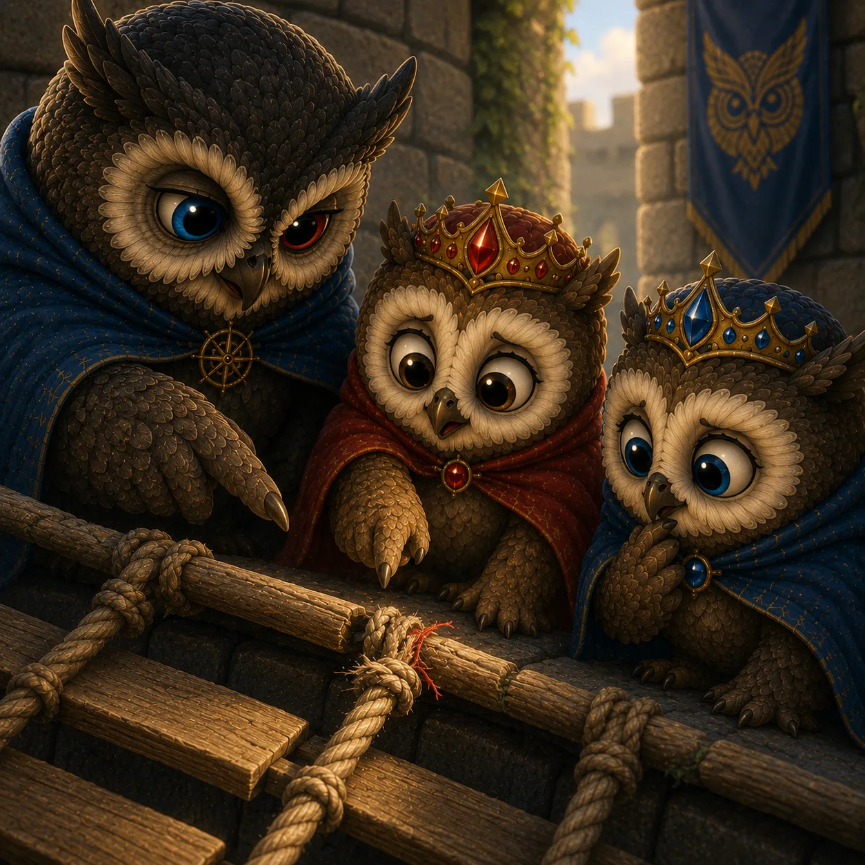 They discover a wobbly step and a rope worn thin — the weak spot, found safely.