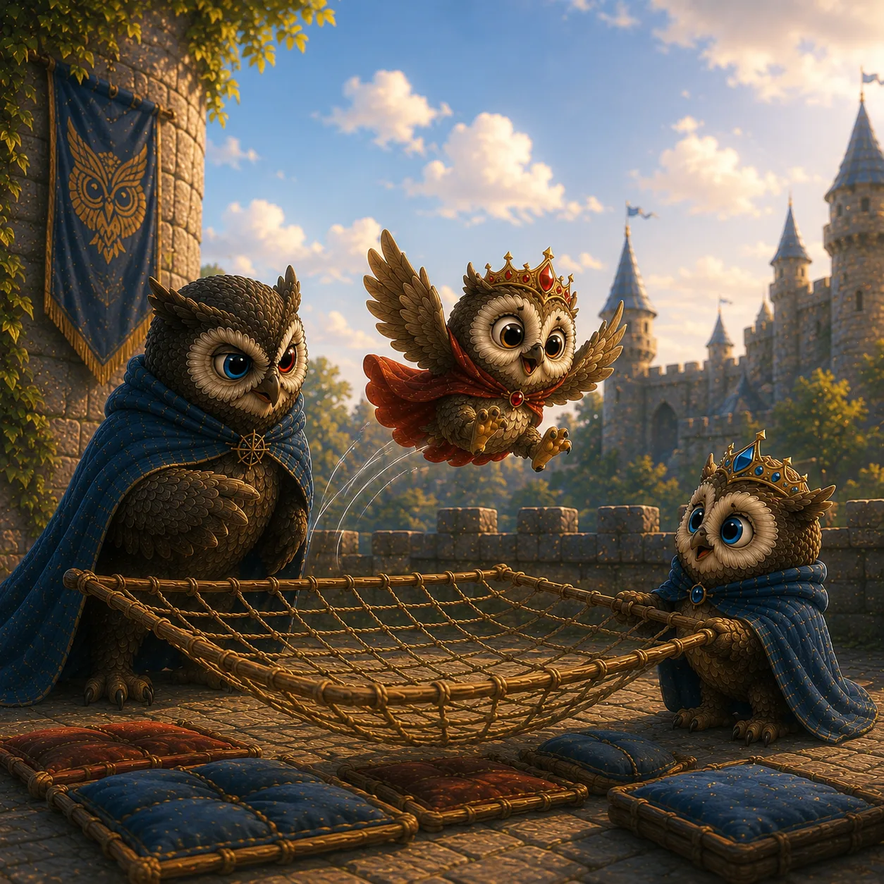 The owlets practising the catch with the net, again and again, until it is easy.