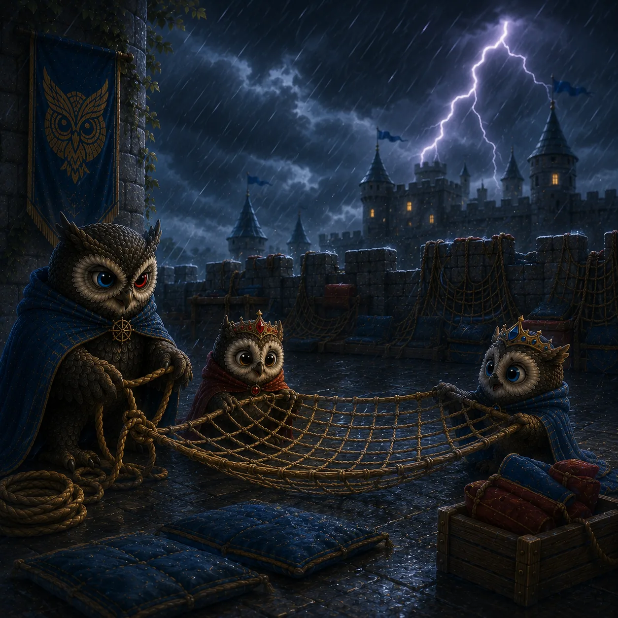 A real storm hits the castle at night, and the calm owls know exactly what to do.