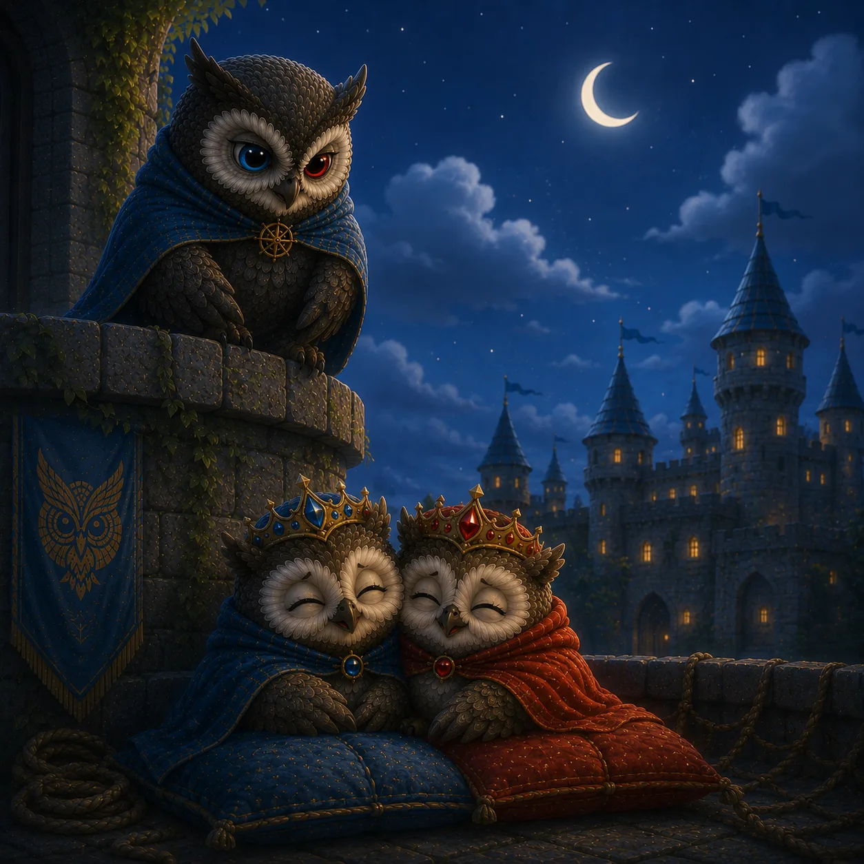 The two owlets cosy and unafraid, the guardian owl keeping watch with one blue and one crimson eye under a crescent moon.