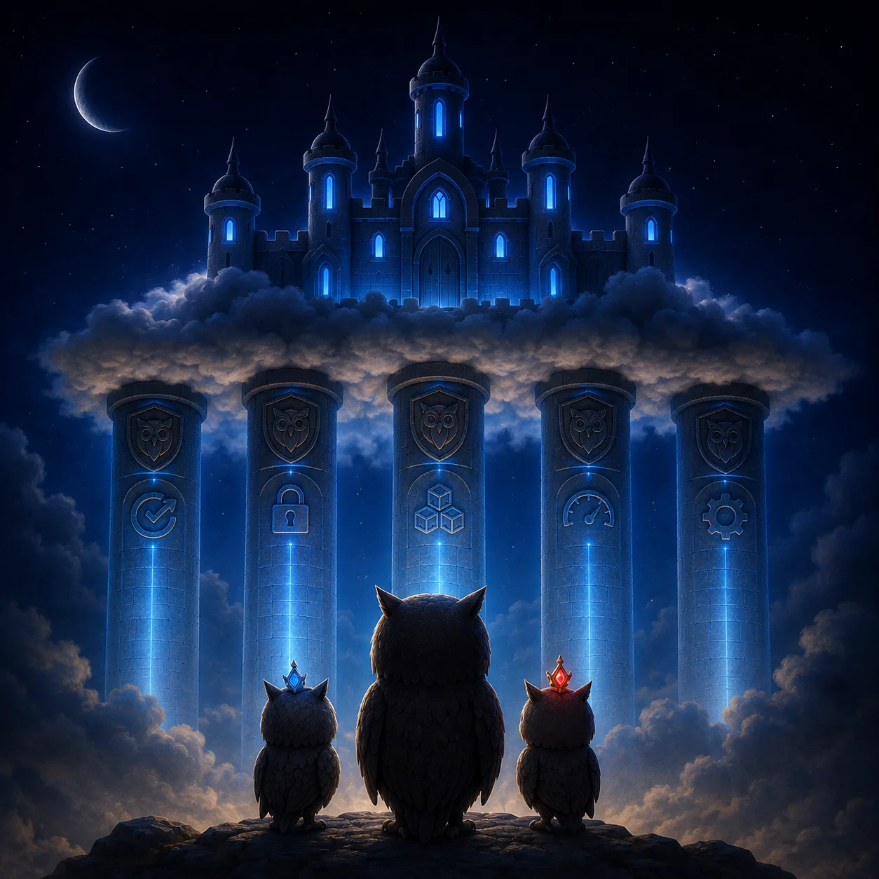 The cloud castle raised on five great glowing pillars, the two royal owlets and the owl looking up.