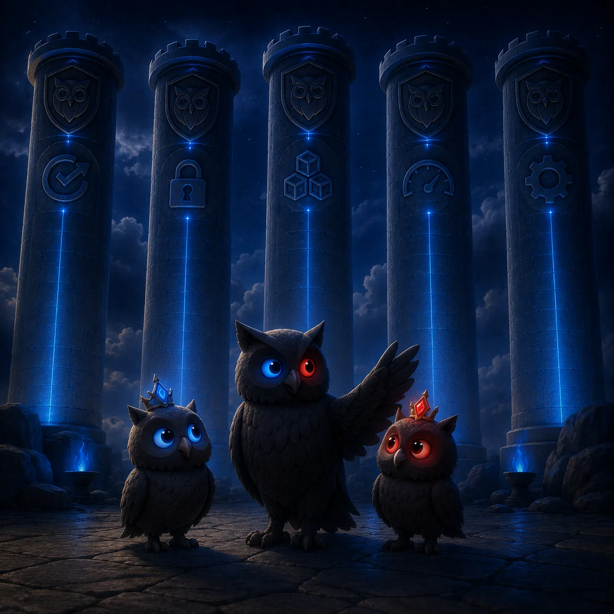 The Prince and the Princess, two crowned owlets, with their guardian owl at the foot of the pillars.