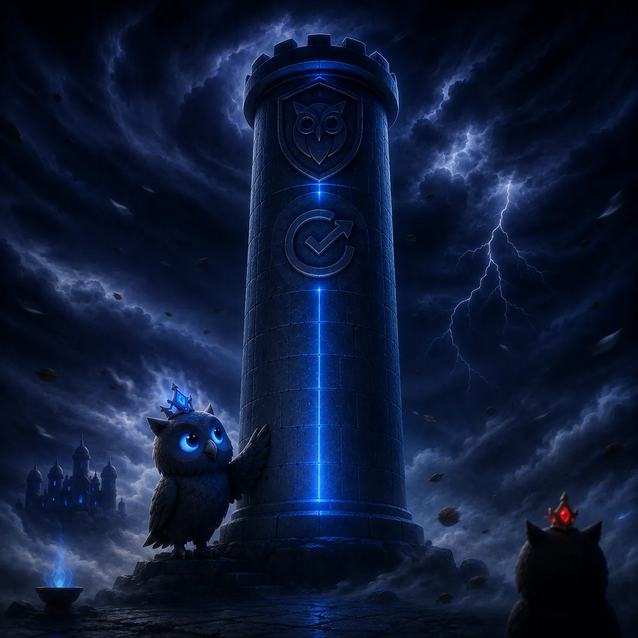 A mighty pillar standing firm as a storm swirls around it; the Prince rests a wing on it.