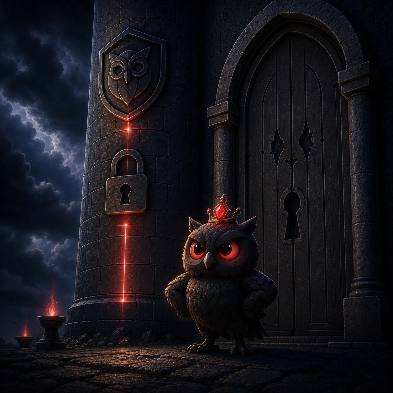 A strong pillar guarding a great door; the fierce little Princess stands proudly before it.
