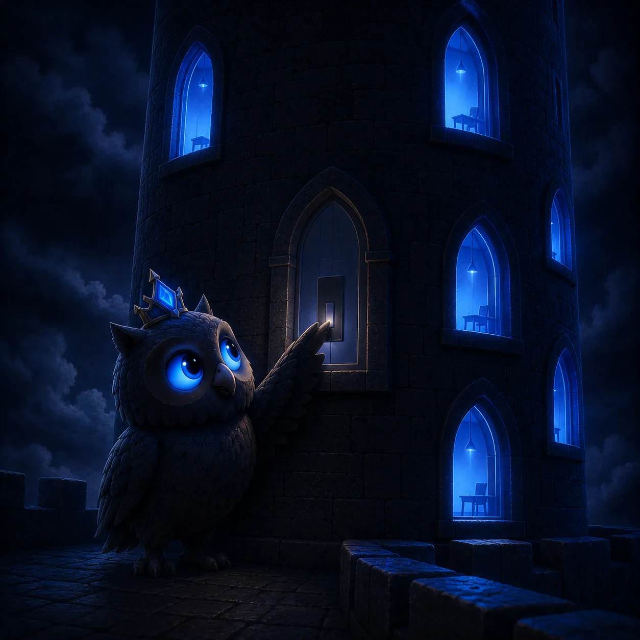 The kind little Prince reaching up to dim one glowing window where no one sleeps.