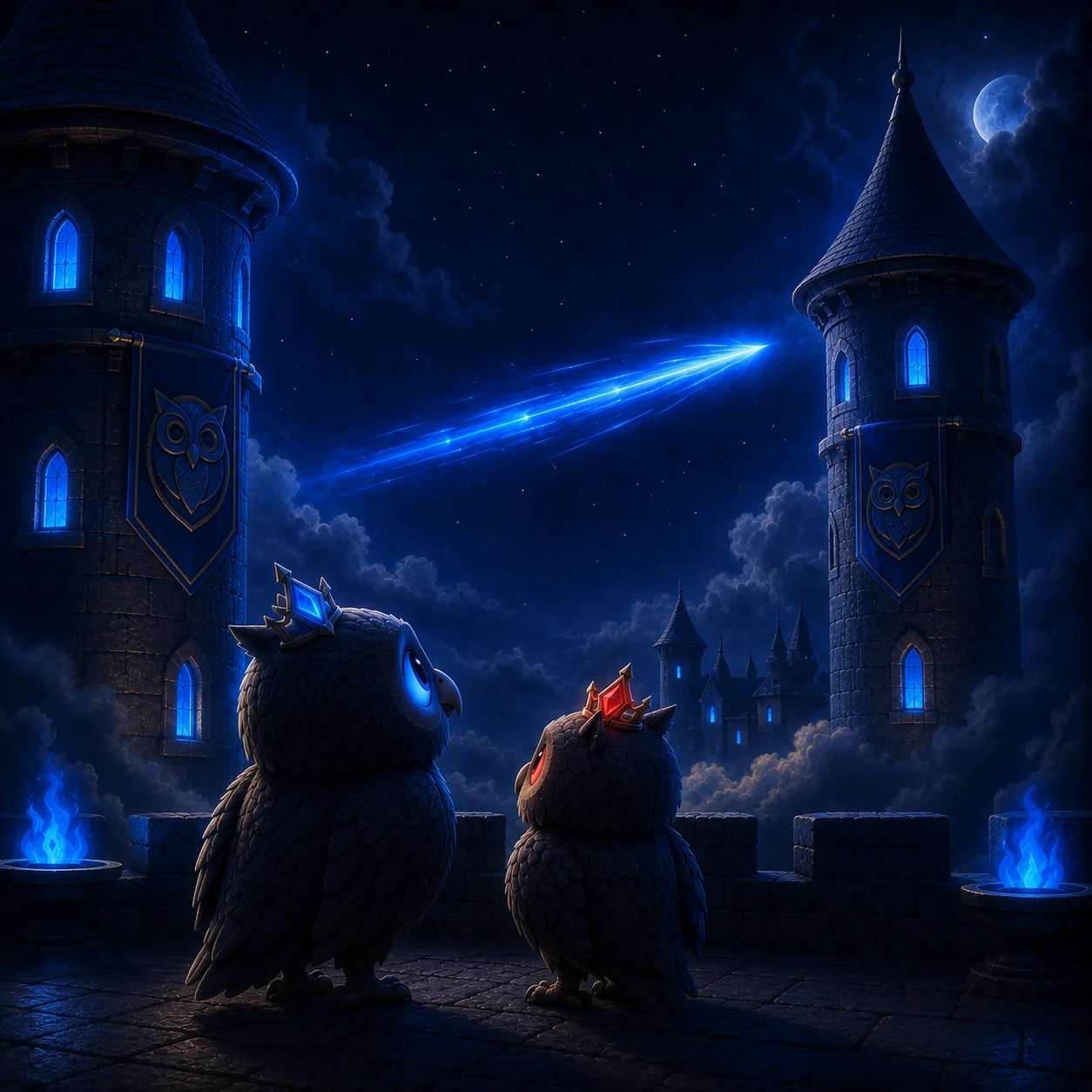 A streak of light flying tower to tower across the castle while the owlets watch.