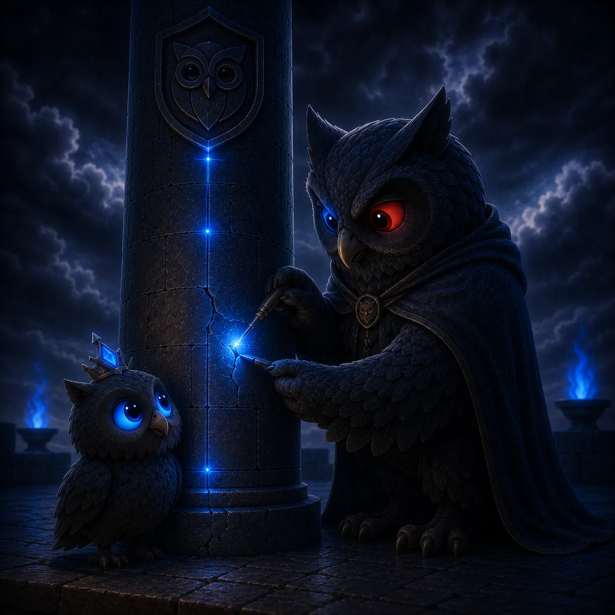 The guardian owl tending a pillar, mending a tiny crack, as the Prince looks up fondly.