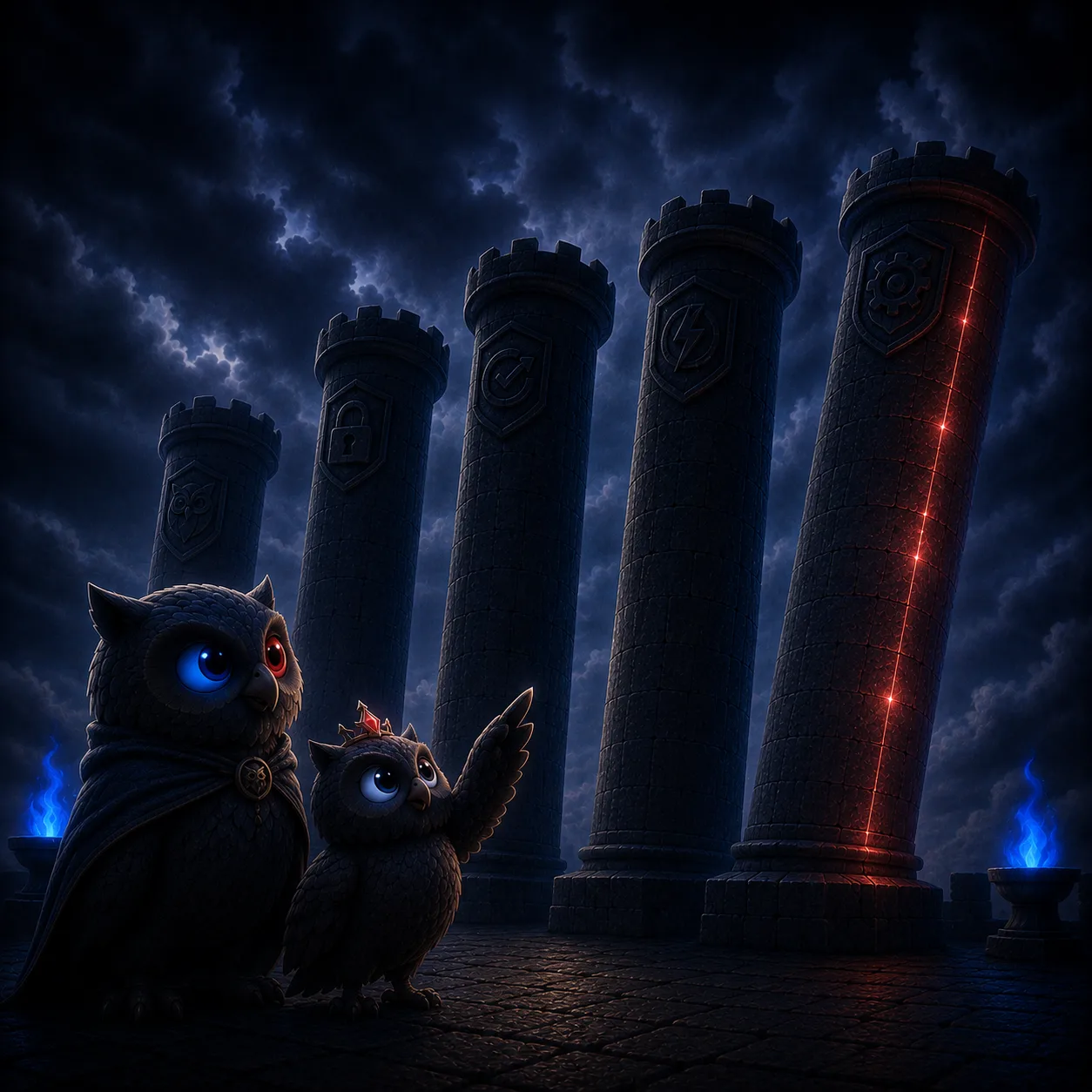 The Princess looking up and asking a question as one pillar glows with a faint warning.