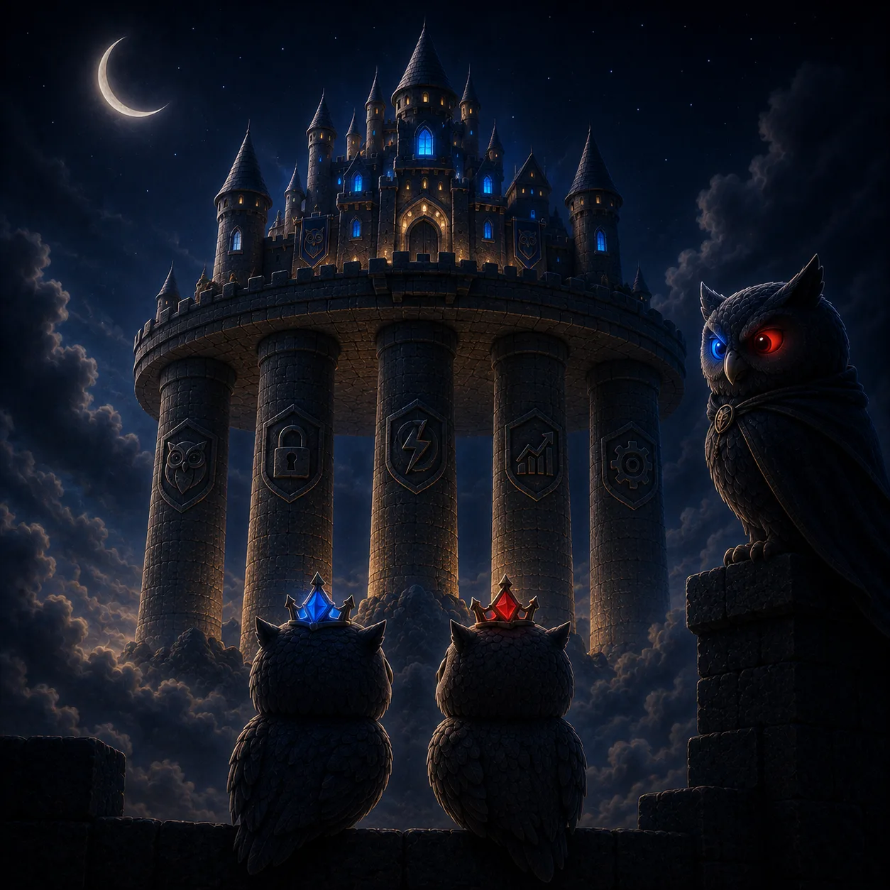 The two owlets looking up at their castle on five pillars under a crescent moon, the owl keeping watch with blue and crimson eyes.