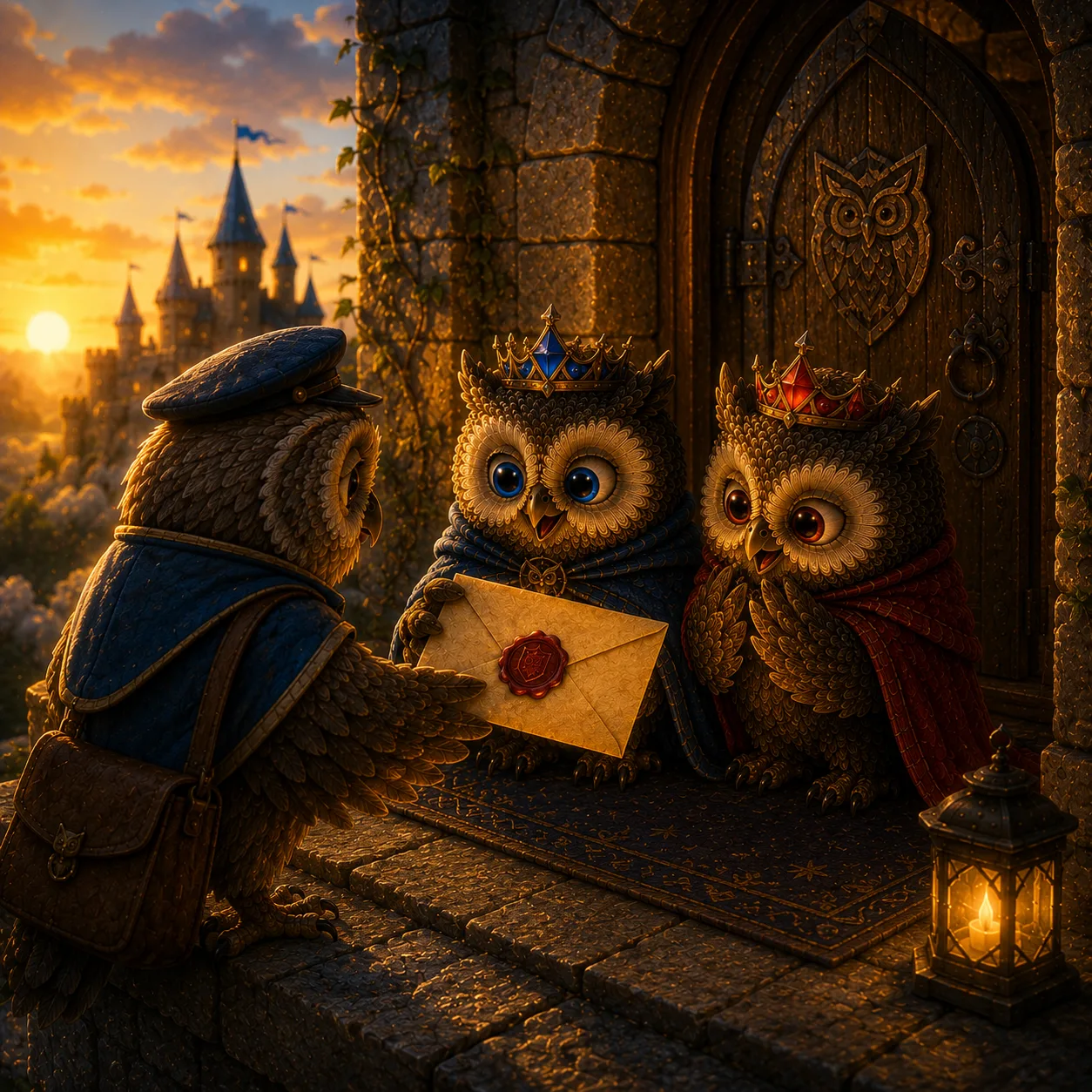 A friendly-looking sealed letter arriving at the castle; the two owlets receive it.