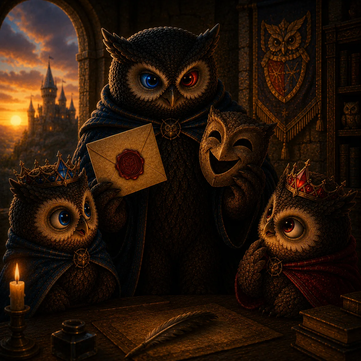 The guardian owl holding the letter beside a friendly mask, teaching the owlets.