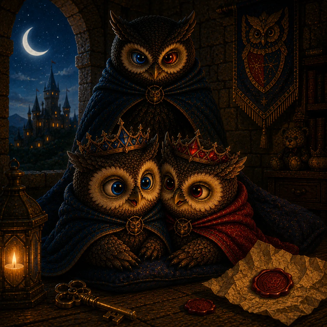 The owlets cosy and wiser, the crumpled fake letter set aside, the guardian owl keeping watch under a crescent moon.