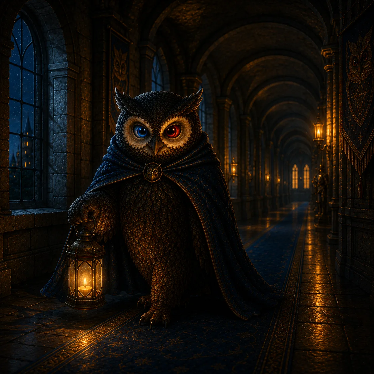 The owl walking a dark hall with a small lantern, dimming the lights as it goes.