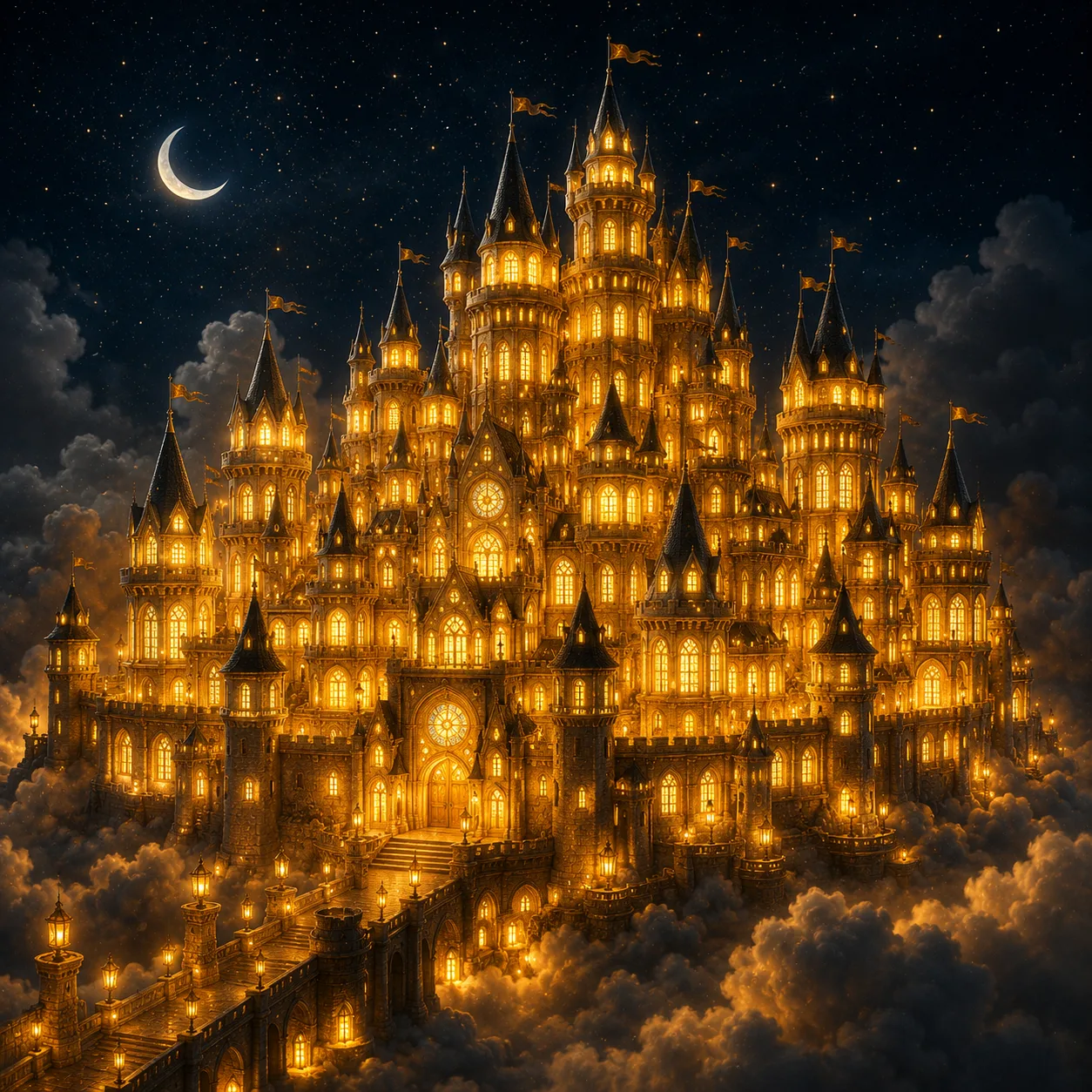 The castle at night with every single window blazing with light, even empty rooms.