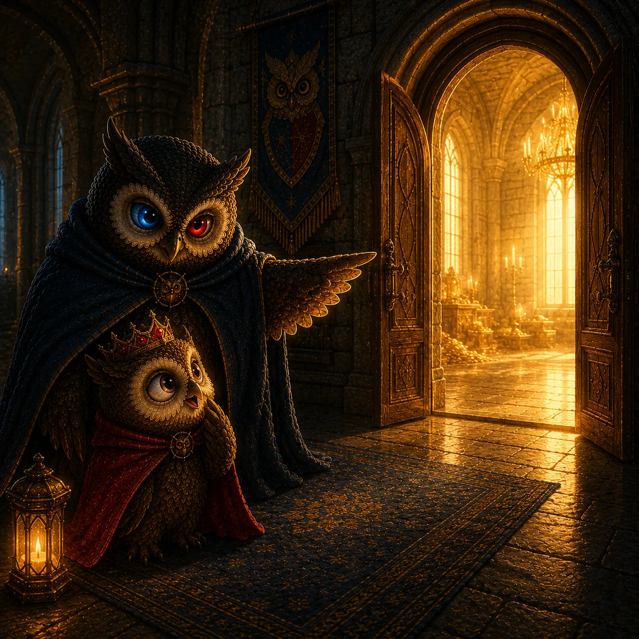 The Princess asking the owl, who gestures to a brightly-lit empty room.