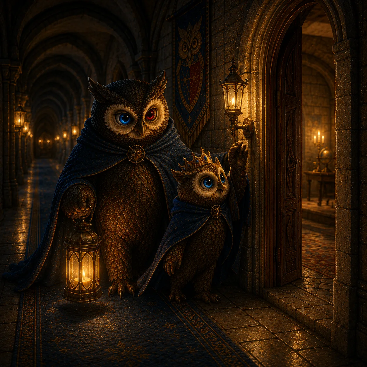 The owl and the gentle Prince walking a hall with a lantern, dimming a light in an empty room.