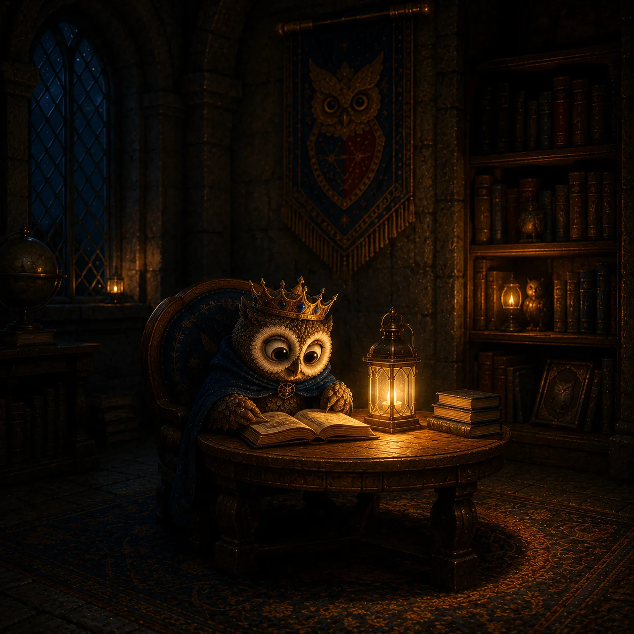 One small owlet under a single lamp instead of a whole hall lit brightly.