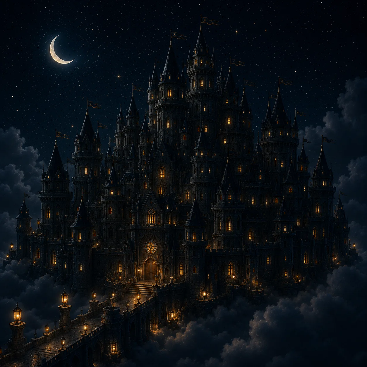 The castle at night dimmed low and restful, only a few soft lights, under a crescent moon.