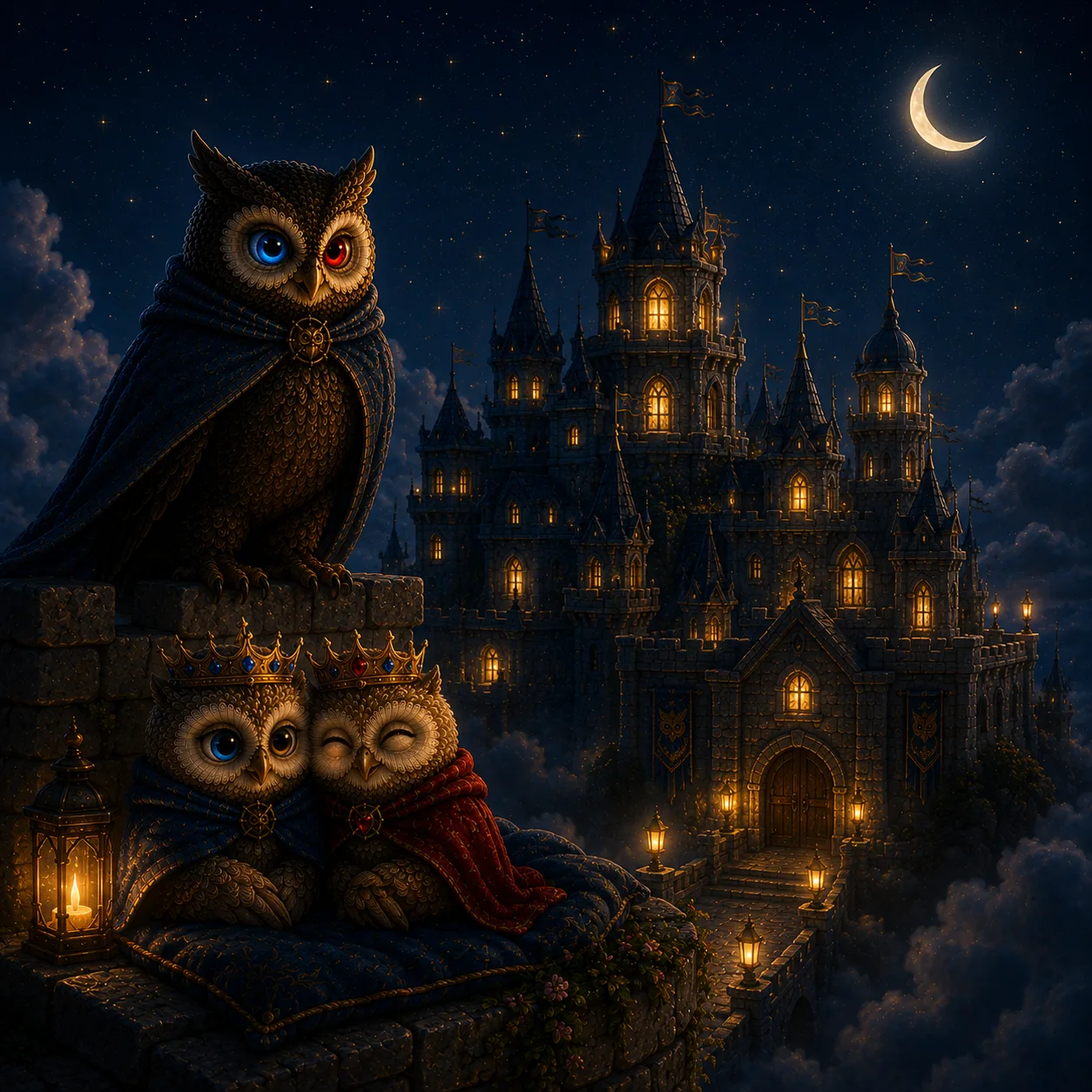 The castle glowing warmly in just the right windows, the two owlets cosy, the owl keeping watch under a crescent moon.