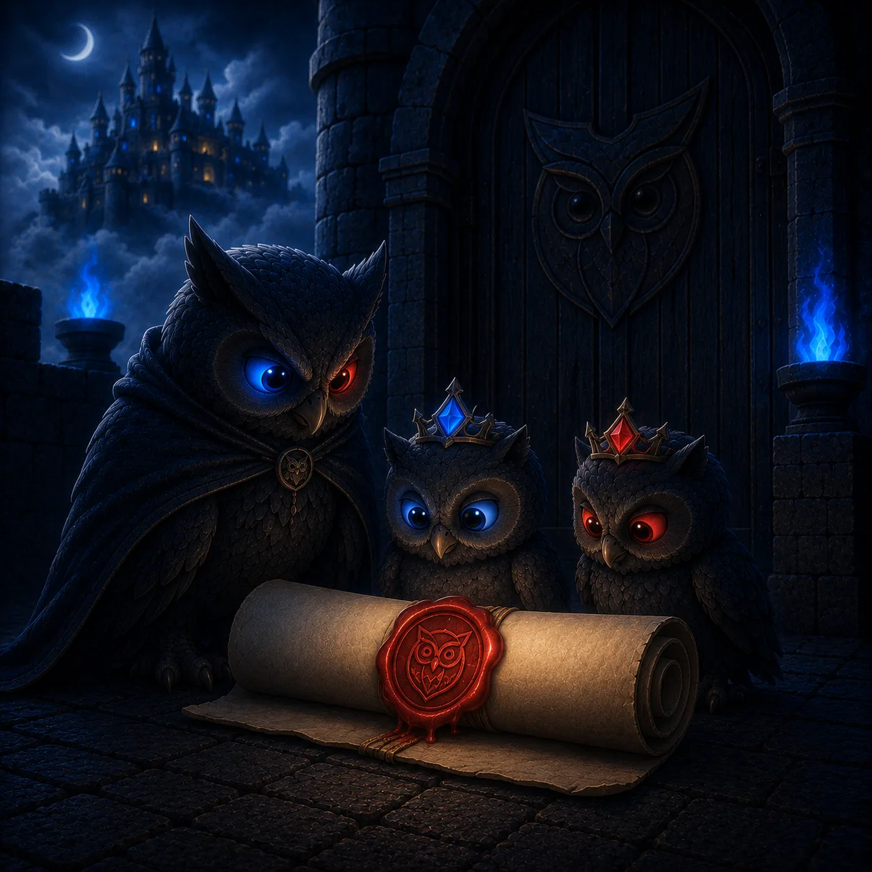 A royal sealed scroll arriving at the cloud castle; the owl and the two royal owlets receive it.