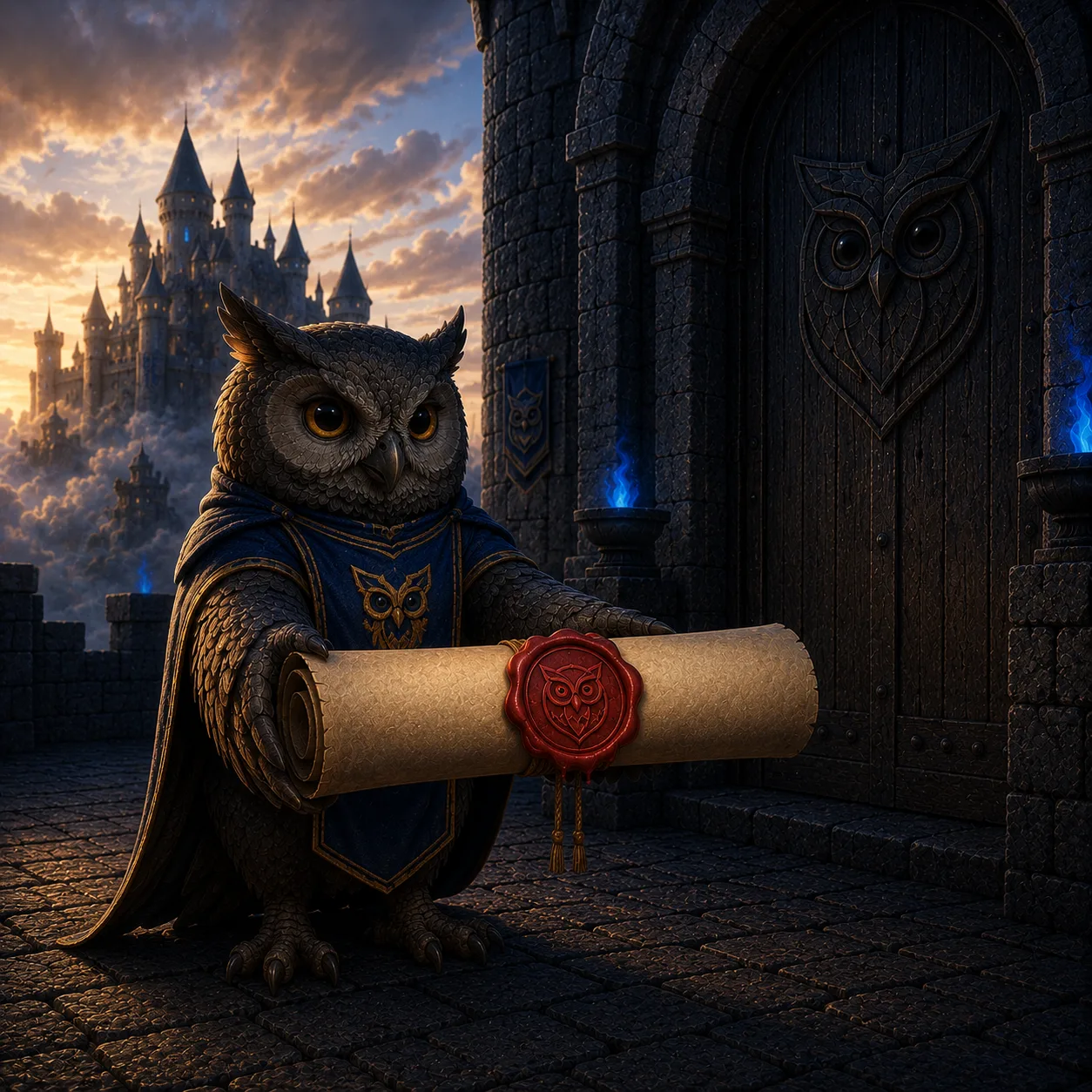 A messenger owl delivering a great sealed scroll to the castle gate.