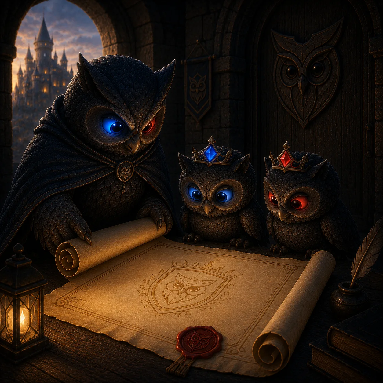The owl unrolling the royal scroll before the two royal owlets.