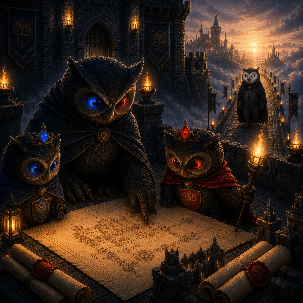 The owl and the royals readying the castle — strong walls, a plan — as an inspector approaches on the horizon.