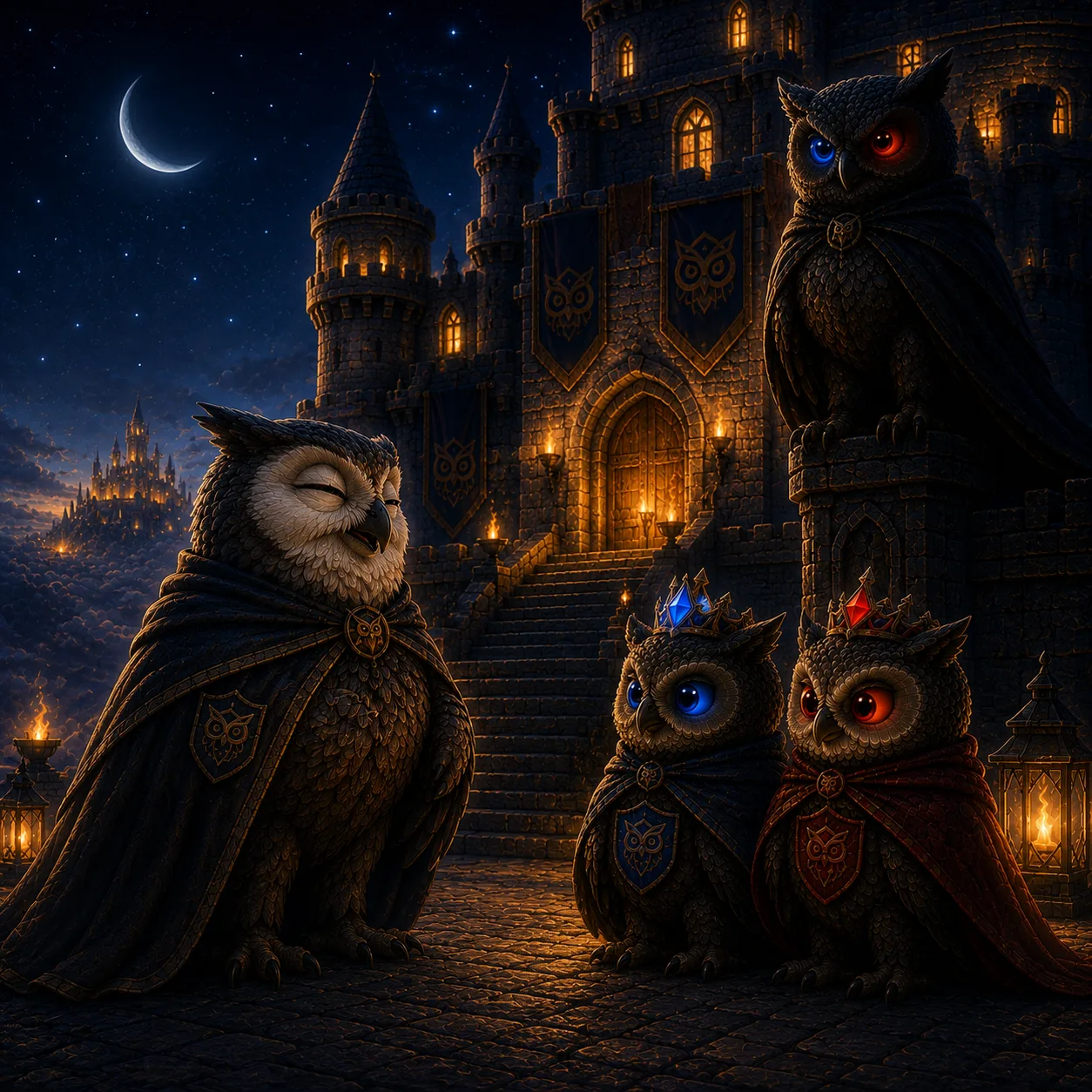 A dignified inspector owl nodding at the calm, ready castle under a crescent moon; the guardian owl keeps watch.