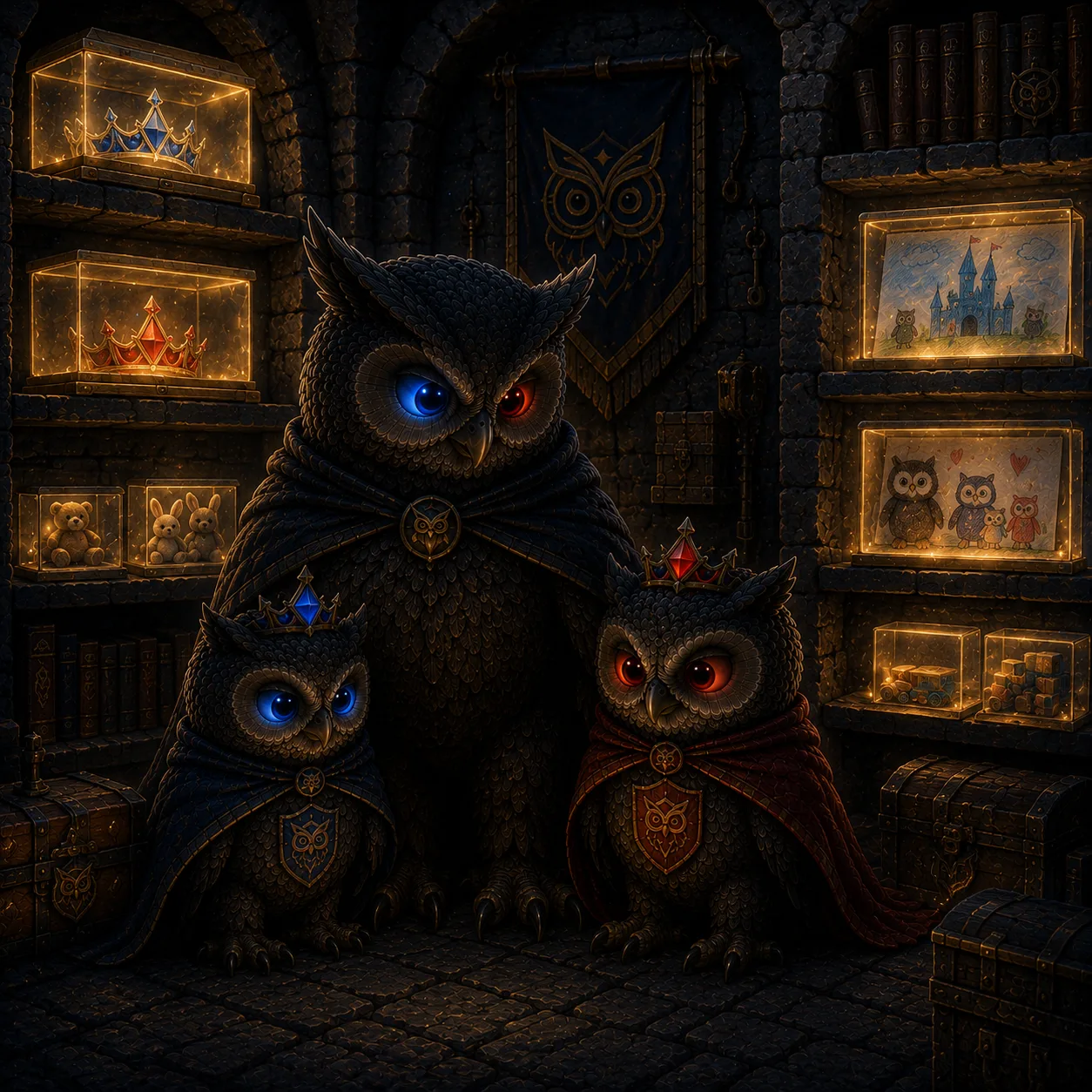 The guardian owl in a hidden vault of softly glowing copies, the two royal owlets beside it.