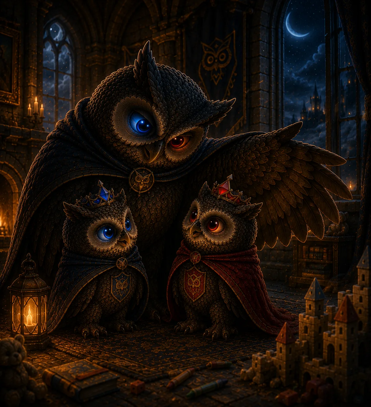 The guardian owl speaking gently and reassuringly to the two owlets.