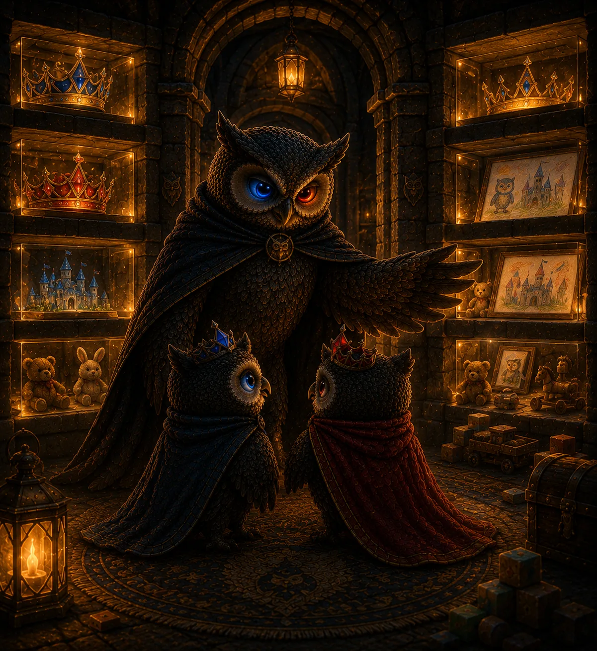 A quiet hidden chamber where soft glowing copies of the castle's treasures are kept safe.