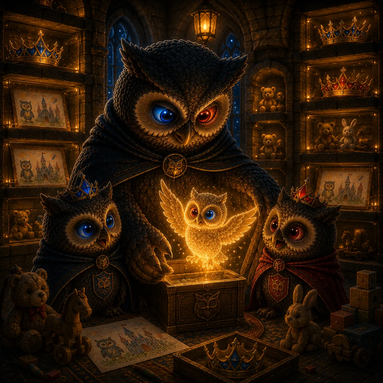The owl opening a stored copy to check it still works, the owlets watching.