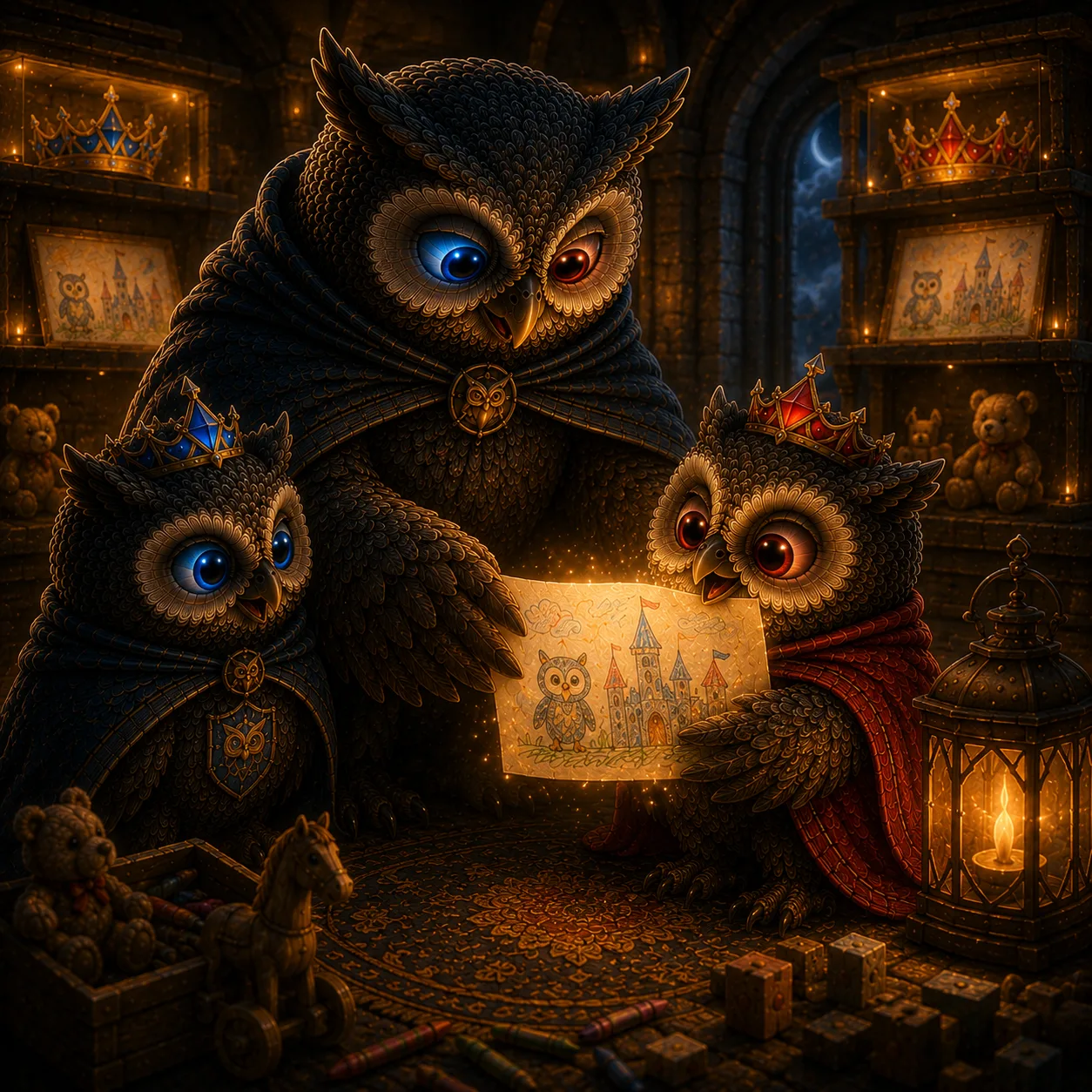 The owl returning the drawing to the overjoyed Princess as the Prince smiles.