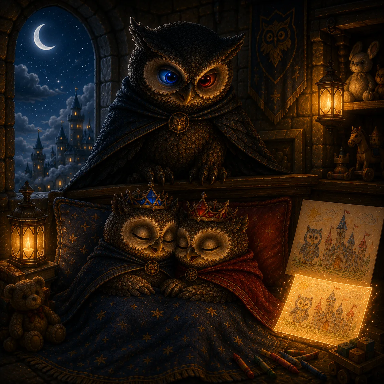 The two owlets cosy with the drawing and its spare kept safe; the guardian owl keeps watch under a crescent moon.