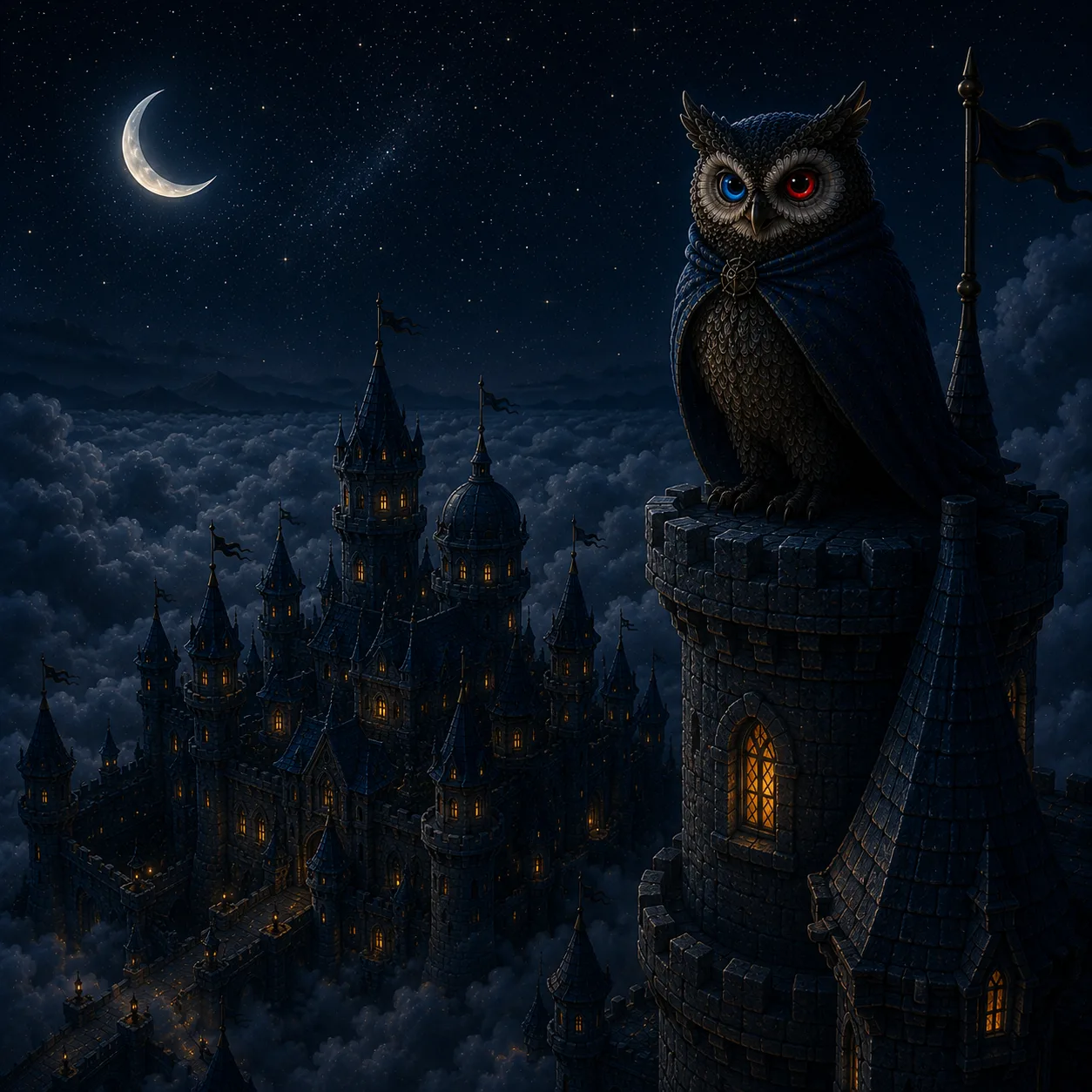 One owl awake on the tallest tower, wide-eyed over the sleeping castle at night.